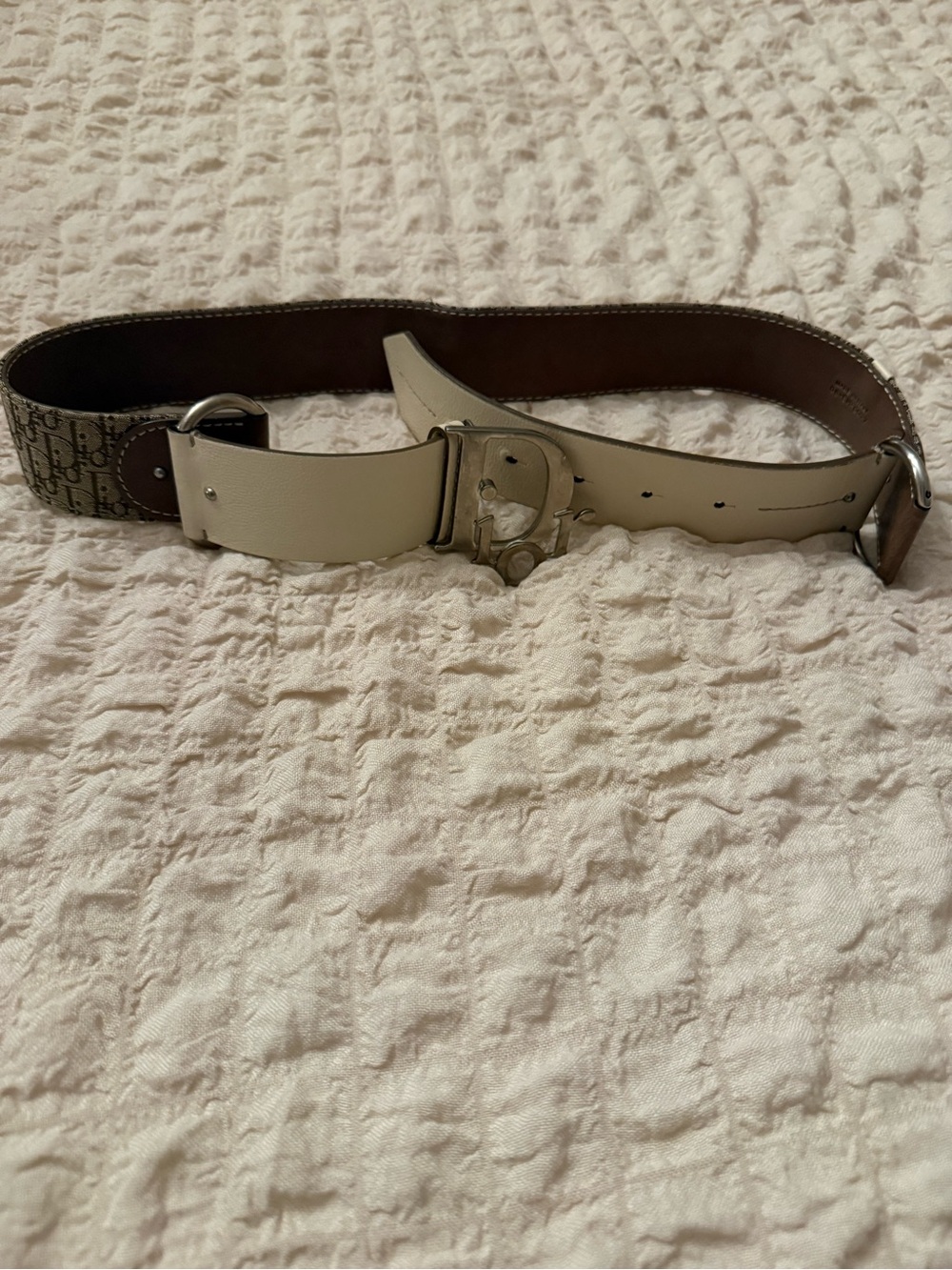 Dior Women's Cream Leather Belt with Silver 'D' Buckle